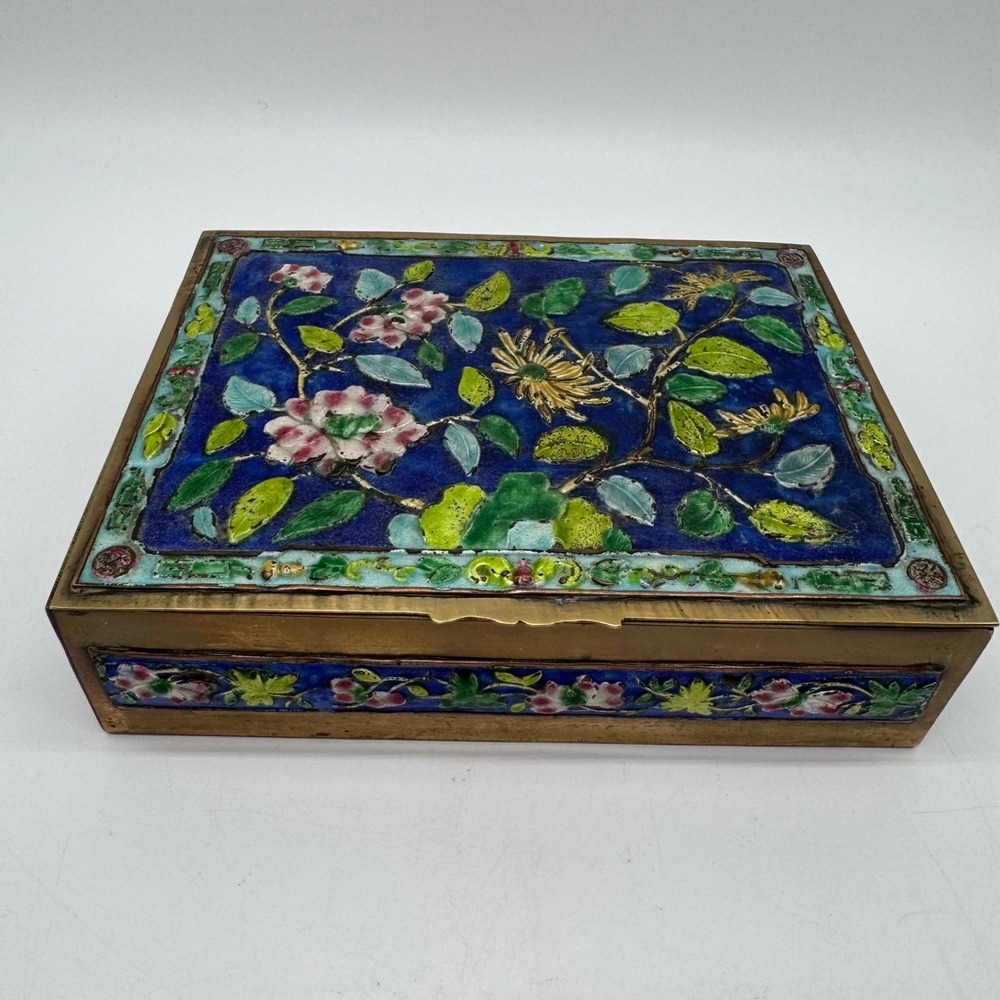 Antique Chinese Brass Box Champleve Cloisonne Enamel Peony Divided Wood 6.5x5"